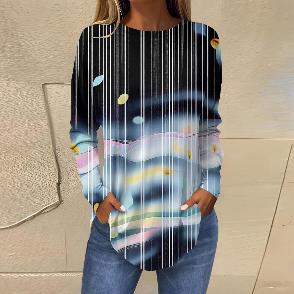 Женская свободная футболка с длинным рукавом с круглым вырезом и принтом, верхний пуловер