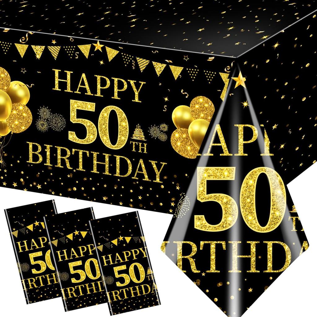 3 Pack Black Gold 50th Birthday Tablecloth, Rectangular Plastic Table Cover, 42.5x70.8 Inches, Happy 50 Birthday Decoration for Party Supplies