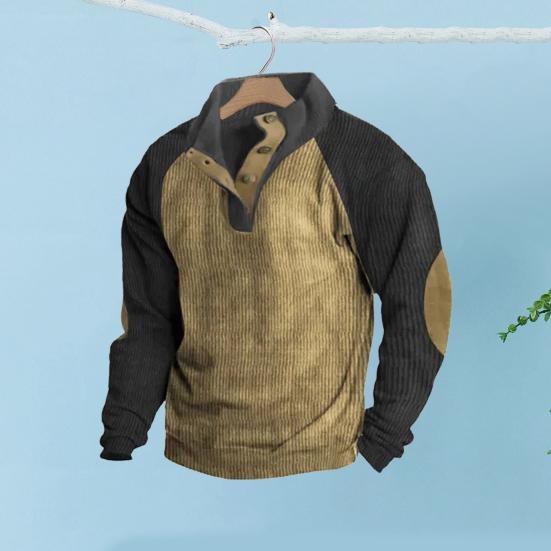 Весна Осень Мужская Толстовка Цветные Блоки Пэчворк Ретро Стиль Полуоткрытый Воротник-стойка Топ Плюс Размер Свободный