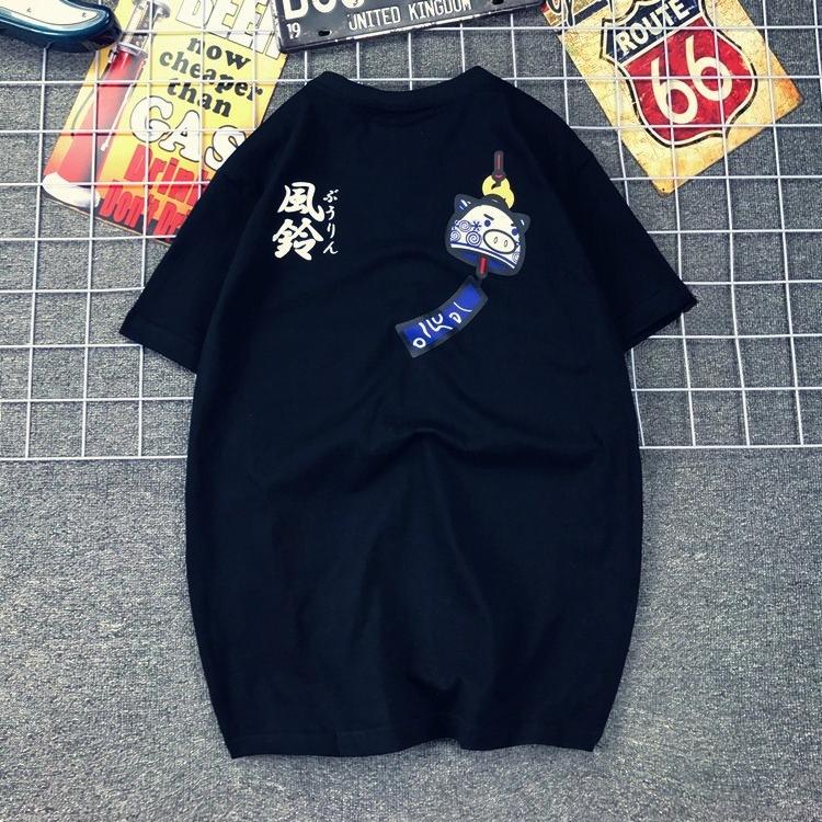 Магазин Fengtian в Японии Колокольчики ветра в виде свинок Мультяшный простой принт Подростковая парная футболка Мужская и женская футболка с коротким рукавом