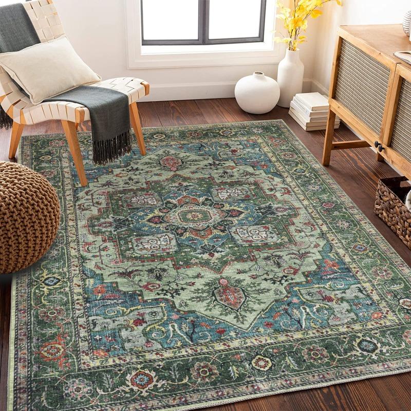 Vintage Bohemian Rugs Distressed Medallion Pattern Macrame Fringe Carpets for Boho Living Room Decor