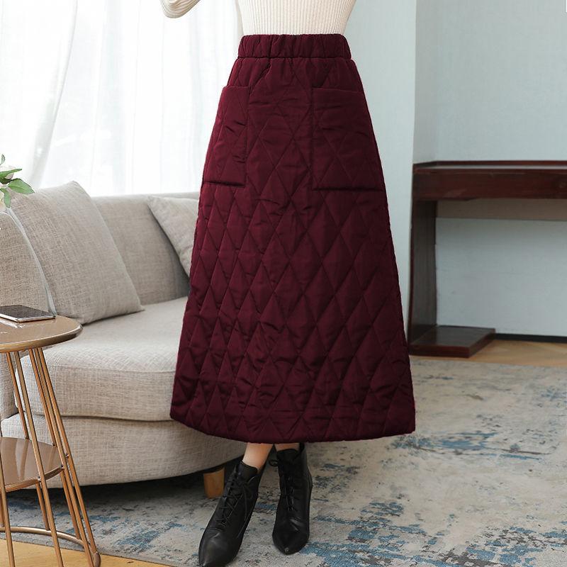Winter and Autumn New Thickened Warm Cotton Elastic High Waist Slim Pocket Skirts Black