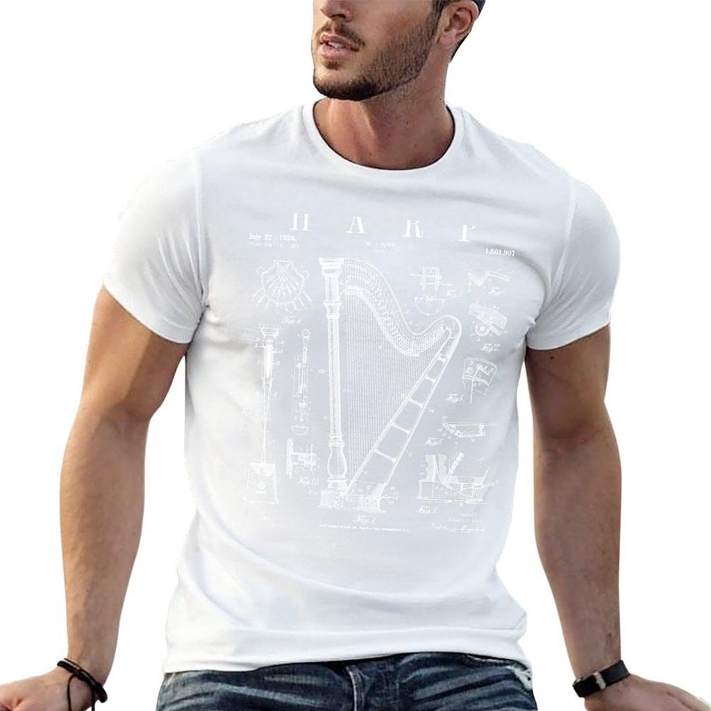 Harp Vintage Patent Harpist Drawing Print T-Shirt Cotton T Shirts Man 100% Printed T Shirts for Man Man T Shirts for Men T-Shirt