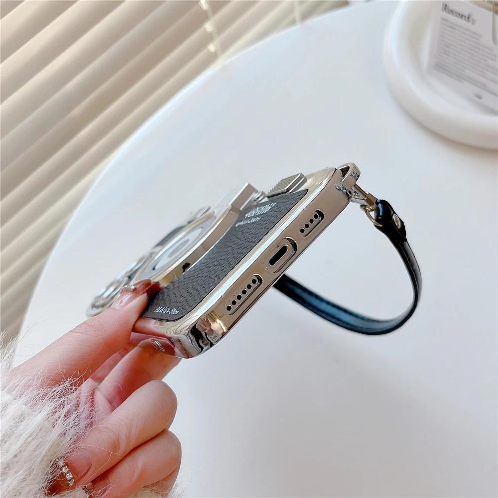 Роскошный Ретро Стерео Камера Рука с Шнурком Чехол для Телефона Для iPhone 16 15 14 Plus 13 12 11 Pro Max Чехол с Кожаным Узором