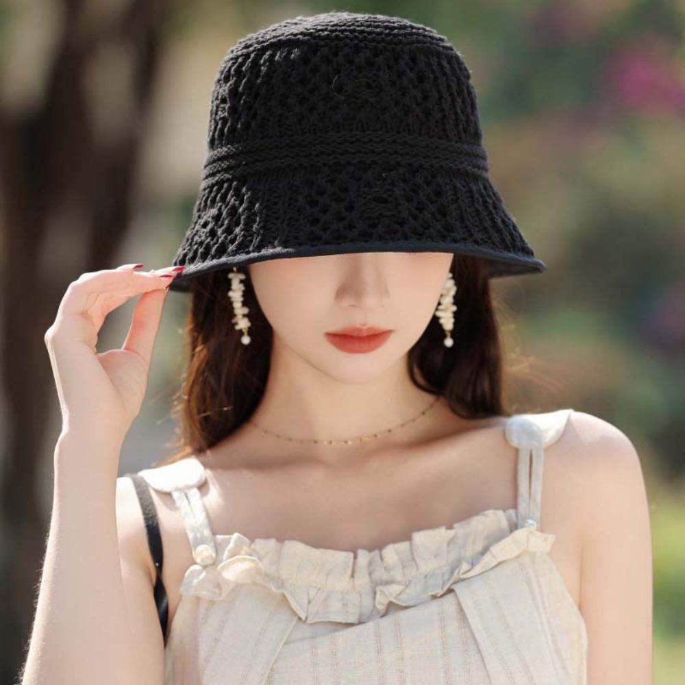 Hollow Out Knitted Bucket Hat Temperament Woven Fisherman Hat Visor Cap Sun Protection Cap Spring