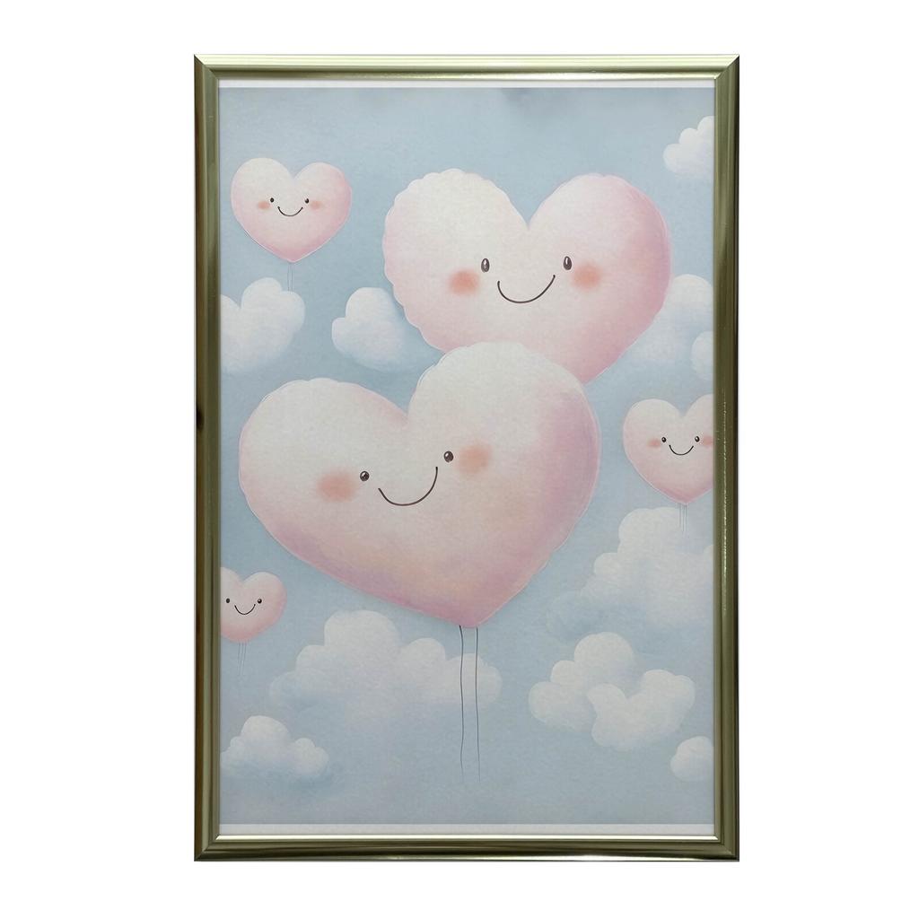 Pink Hearts On Clouds Pink Hearts On Clouds, 40X50 Cm, Gold Aluminum Frame, 230 Gsm Matte Paper