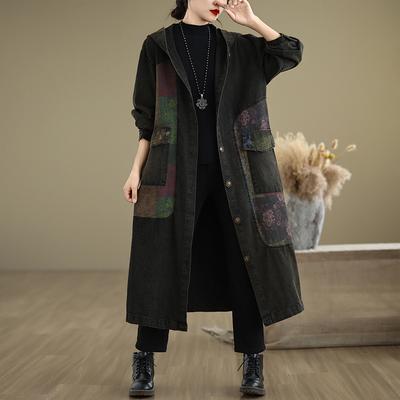 Винтажное лоскутное свободное пальто с капюшоном джинсовая куртка для женщин, осенняя верхняя одежда
