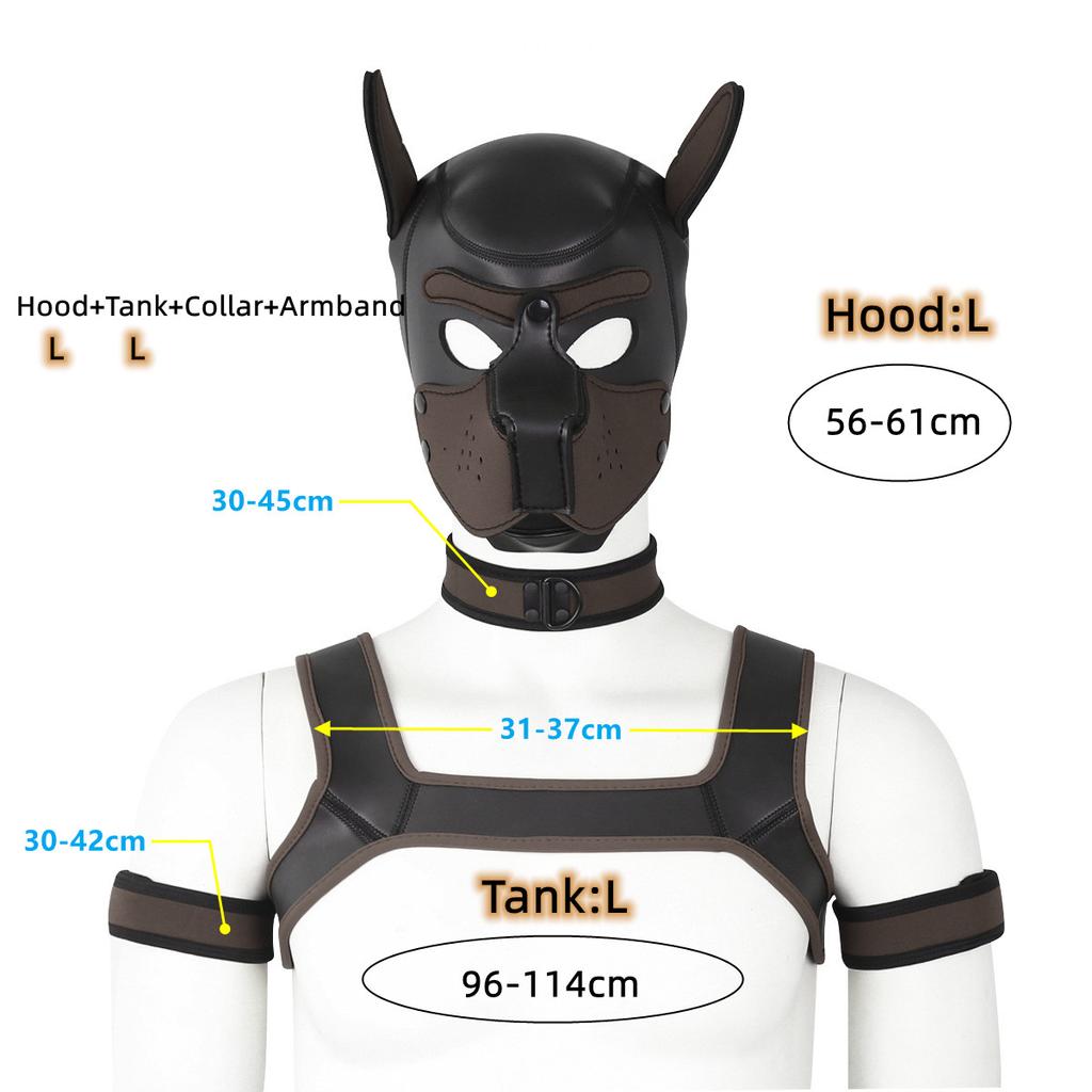 XL большой размер щенок косплей неопреновый фетиш капюшон маска комплект с нагрудным ремнем воротник повязка секс-костюмы для БДСМ роль раба