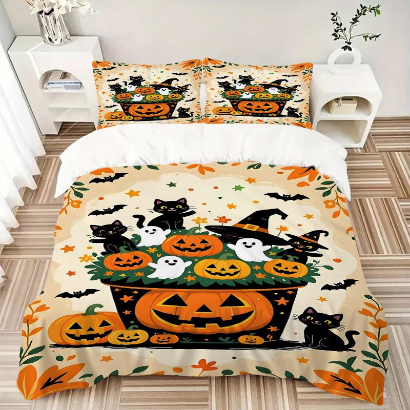 3pcs Halloween Decorations Bedding Set - 1 Duvet Cover + 2 Pillowcases(Core Not Included), Machine Washable Polyester yy251216131