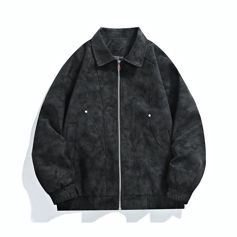 Trendy brand ruffian handsome men's leather jacket American retro tie-dye pilot Maillard couple lapel leather jacket men