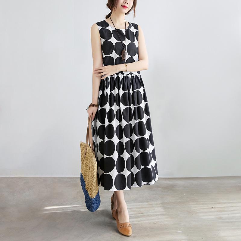Summer Literature Loose Slimming Polka Dot Round Neck Sleeveless Dress Doll for Women Casual Dresses