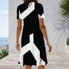Women Plus Size Round Neck Short Sleeve Black White Printed A Line Dress