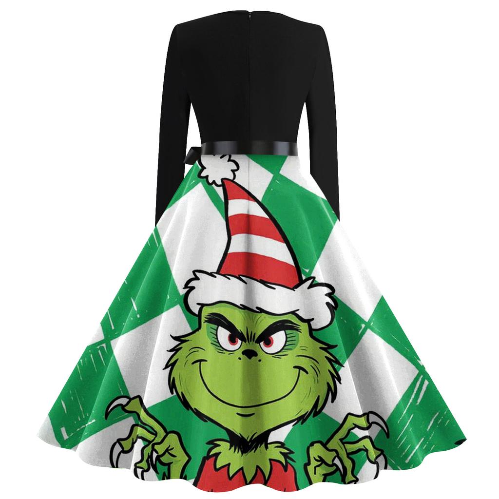 Женское модное ретро платье с длинным рукавом, квадратным вырезом, рождественским принтом, вечернее платье