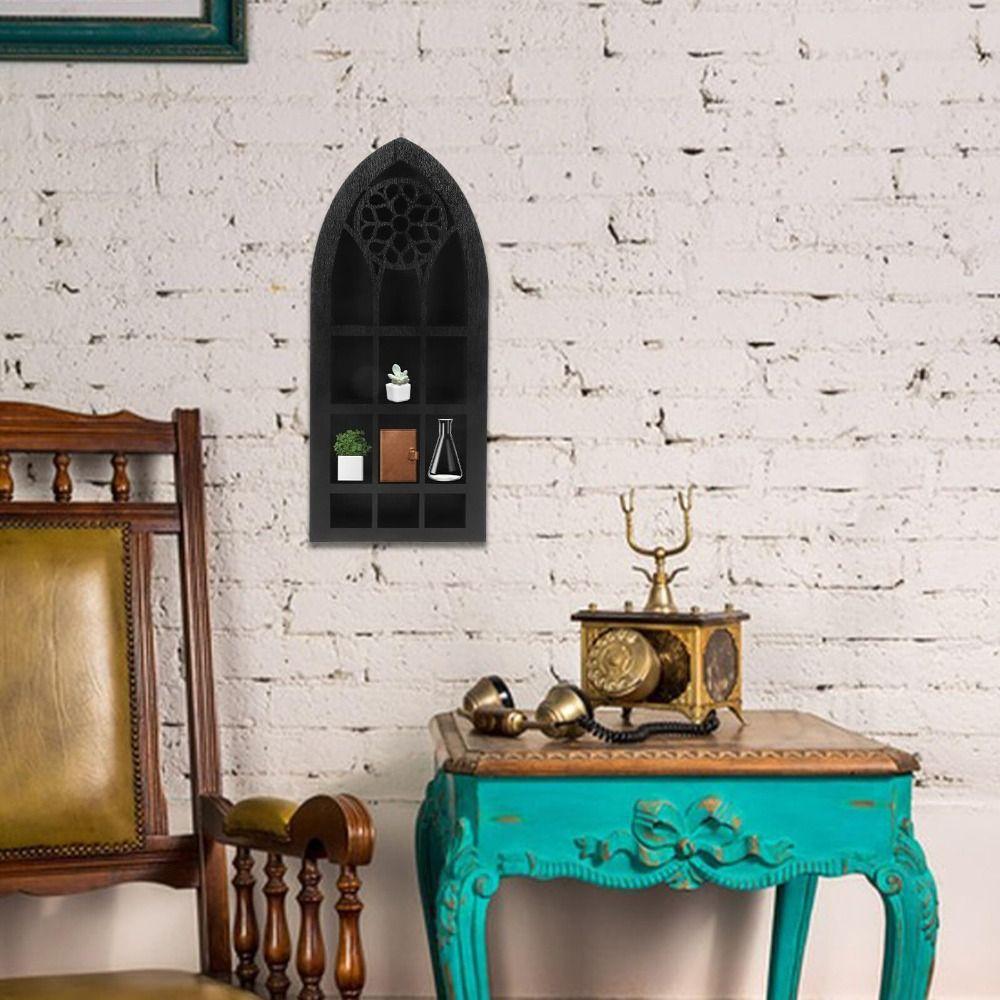 Gothic Design Old Church Window Shelf Black Finish Crystal Wall Shelf  Living Room