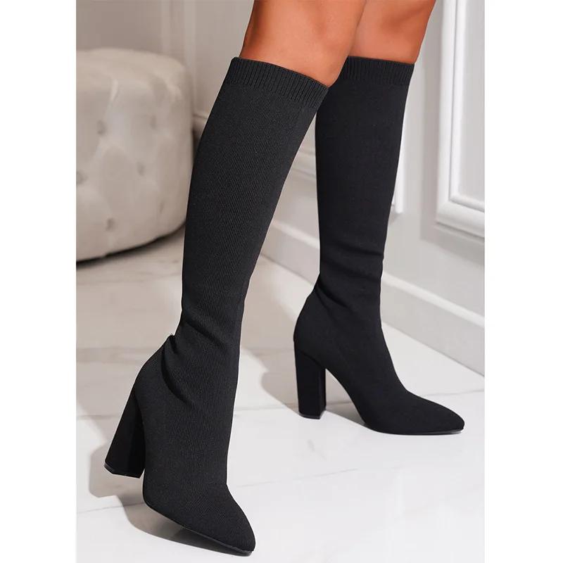 Women 10.5cm High Heels Stretch Knee Sock Boots Autumn Winter Brown Pointed Toe Sexy Slim Knitted Lady Shoes Women Boots