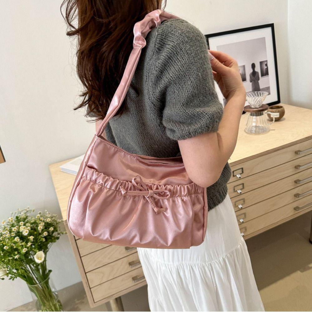 Bow INS Shoulder Bag Satin Fashion Underarm Bag Simple Pleated Hand Bag  Travel