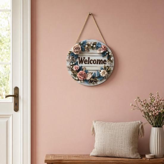 Spring Flower Wreath Welcome Sign, Independence Day Patriotic Hanging Plaque, Round Wooden Door Hanger Decoration for Indoor Outdoor