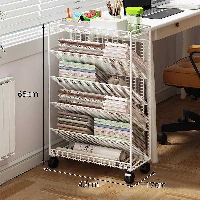 Large Bookshelf Library Cart Mobile Book Storage Shelf Metal Bookcase Holder Office Desk Document Storage Rack Kidroom Organizer