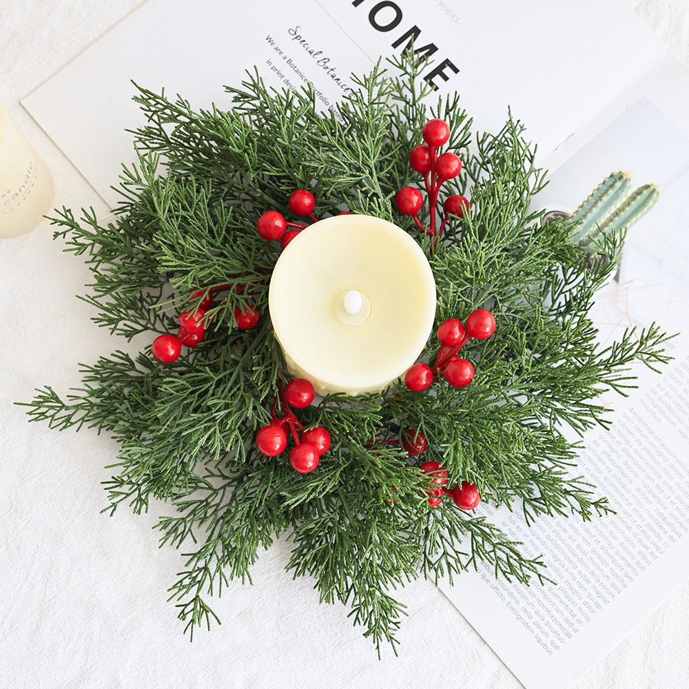 Candlestick Christmas Wreath with Cypress Leaves and Red Berries for Front Door and Yard Decoration