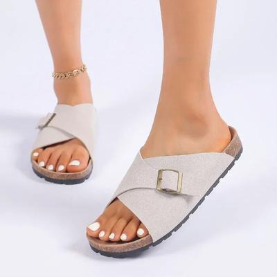 Модная женская обувь 2024 года, горячая распродажа, женские тапочки с открытым носком, летние римские пряжки, однотонные, плоские, повседневные, пляжные, удобные, большого размера