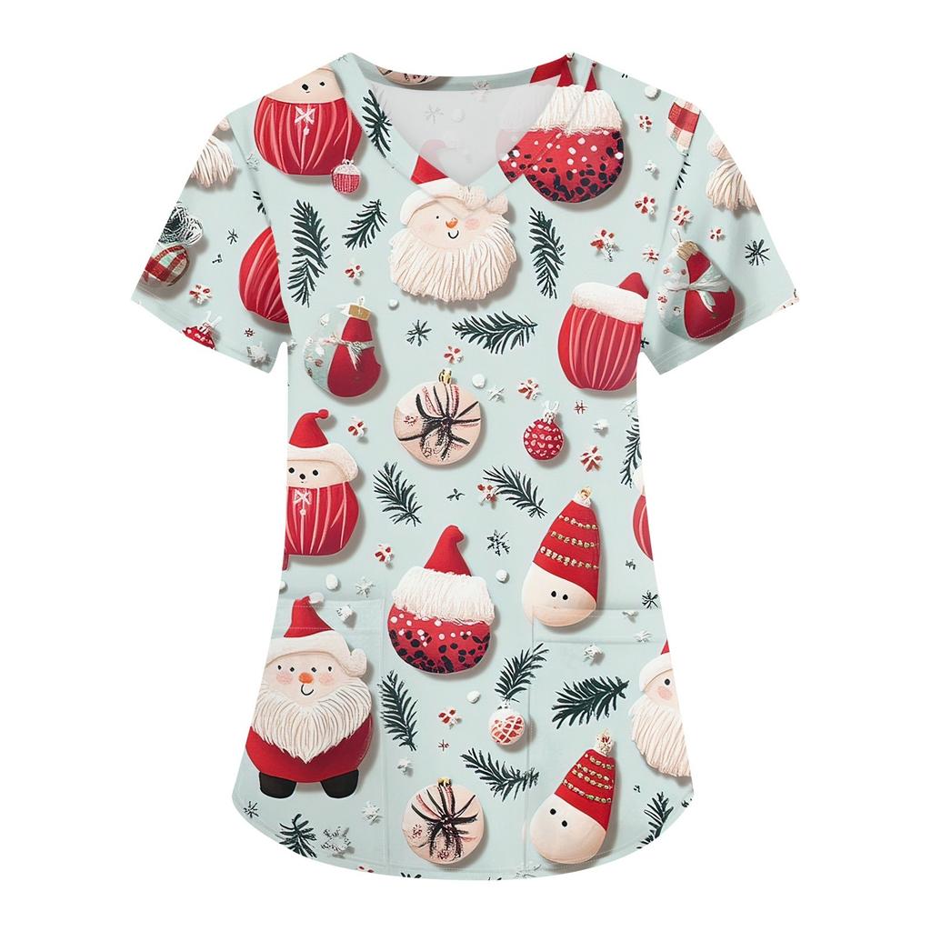 Женская мода с v-образным вырезом, короткими рукавами и карманами, топы с рождественским принтом