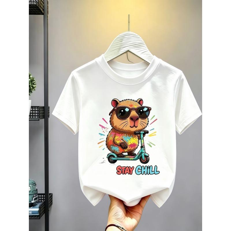 European sizes Cartoon Animal Street Graffiti Printed Floral T-Shirt, Casual Breathable Comfortable Boys' Summer Short Sleeve Crew Neck Tee