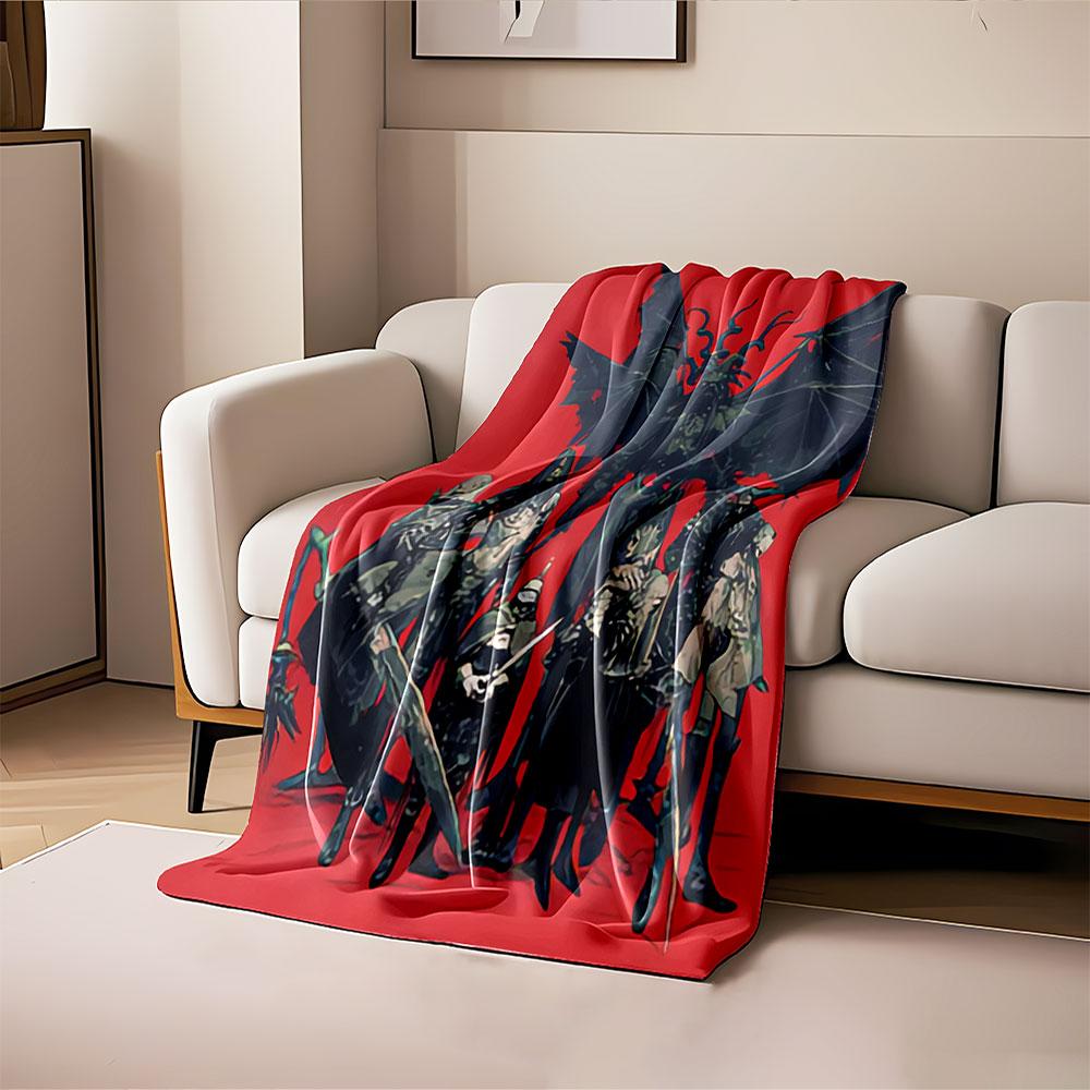 A group of dark fantasy characters with weapons against a red background. for all seasons blanket lunch break throw gift