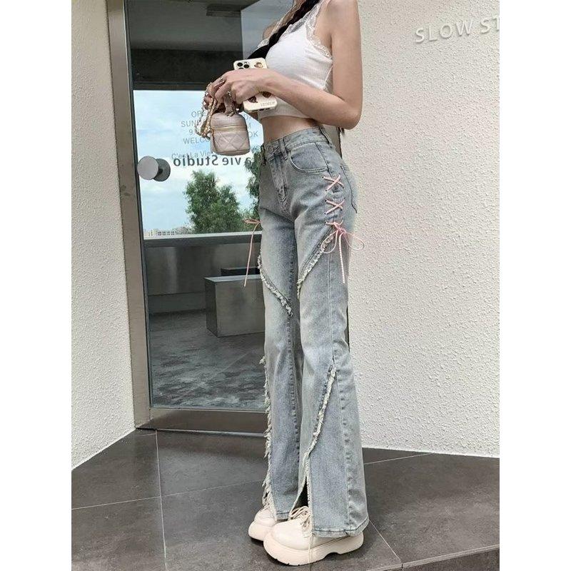 Джинсы женские весна-лето ретро горячая девушка нишевый дизайн нерегулярный разрез слегка расклешенные длинные брюки