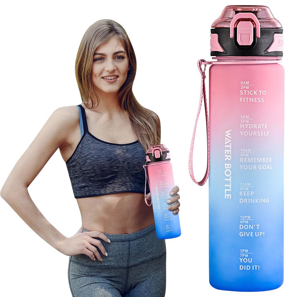 Бутылка для воды градиентной формы большой емкости 1000 мл, питьевая бутылка с трубочкой, 1 литр, герметичная, с маркером времени для фитнеса, спортзала, на открытом воздухе