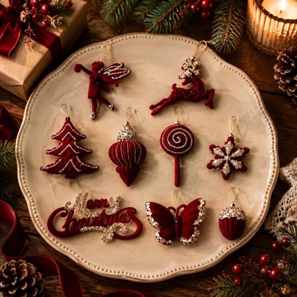 Snowflake Xmas Flocked Velvet Pendant Butterfly Christmas Hanging Decorations Home