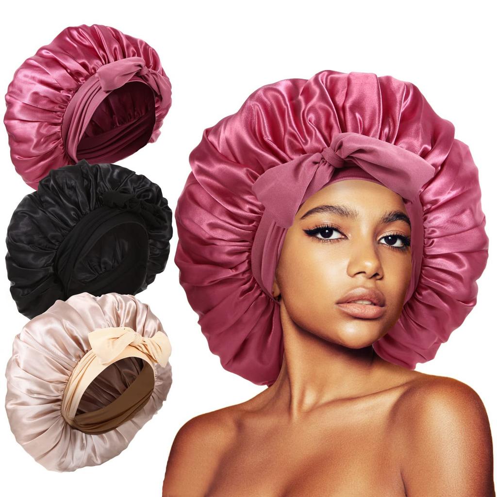 Satin Cap Silk Cap for Sleep Double Layered Satin Lined Hair Cap with Tie Bonnets for Women Natural Curly Hair 3pcs