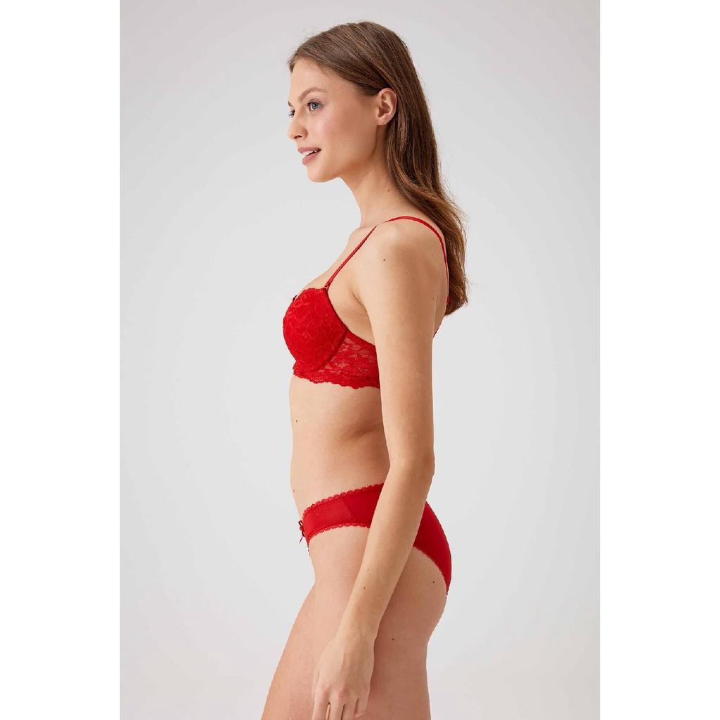 Woman Red 4561 Milan Push Up Filled Lace Dowry Bra And Pantyh