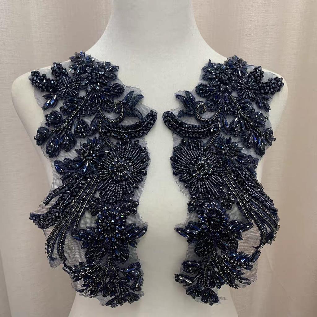 Crystal Embroidered Patch Sequin Floral Applique Rhinestone Beaded Fabric Corset Bodice