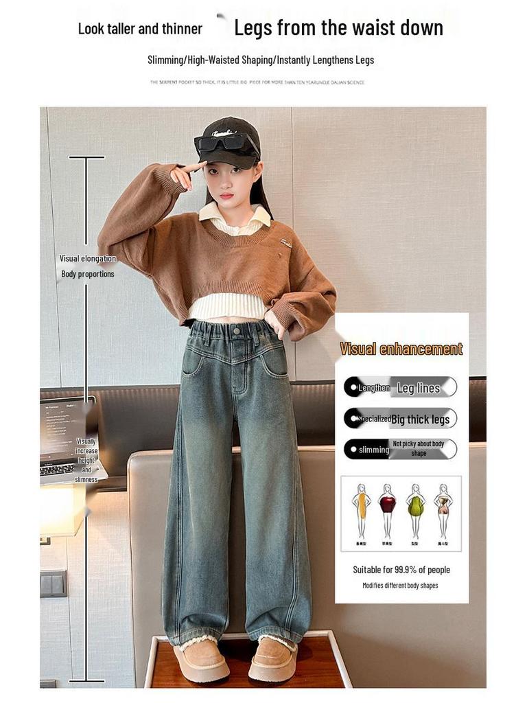 Girls' 2025 Korean Style Fleece-Lined Loose Wide-Leg Winter Jeans for Middle and Big Children