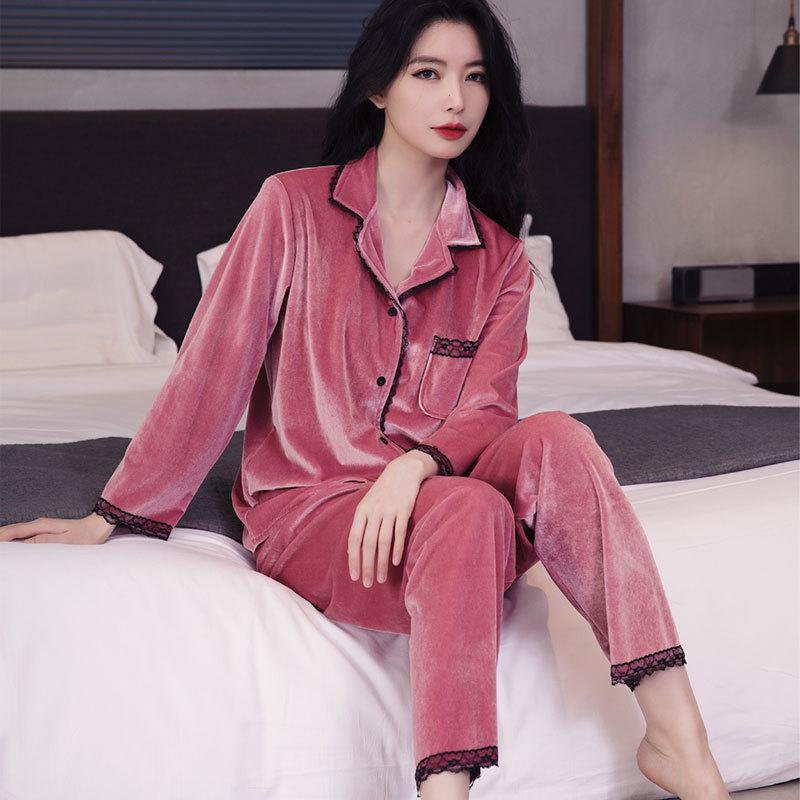 Новый стиль, золотая бархатная пижама для осенне-зимнего женского костюма из двух частей с длинными рукавами