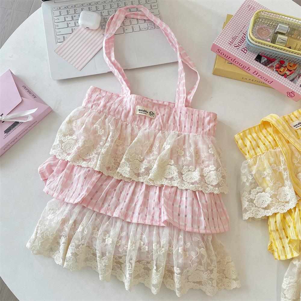 Sweet Lace Edge Women's Handbags Plaid Shoulder Bags Candy Color Large Capacity Tote Lightweight Portable Female Shopping Bags