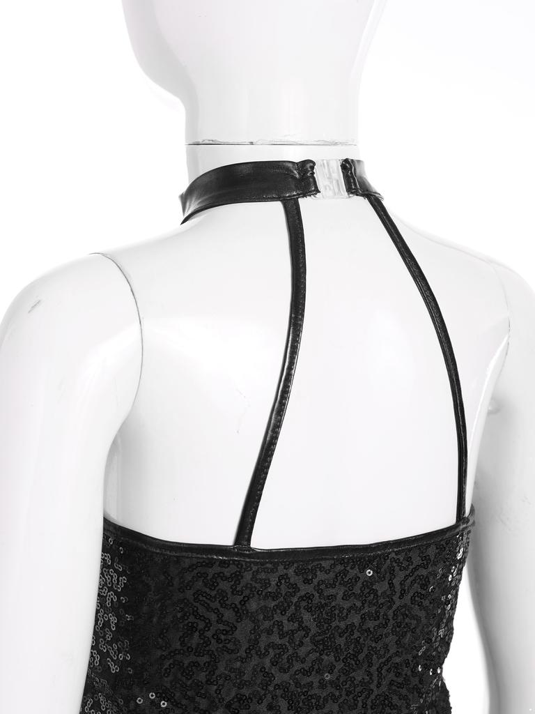 Kids Girls Sleeveless Backless Shiny Sequin Halter Crop Top for Dance Gymnastic Costume