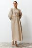 Women's Fashion New Hijab Dress Mink High Collar Balloon Sleeve Button and Piping Detailed Woven Dress