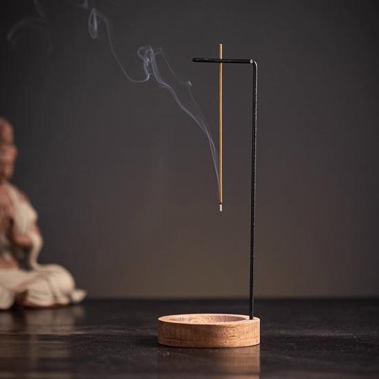 Upside Down Incense Burner Metal Frame Incense Stick Holder with Wooden Base Round Incense Tray for Home Decor Yoga Meditation