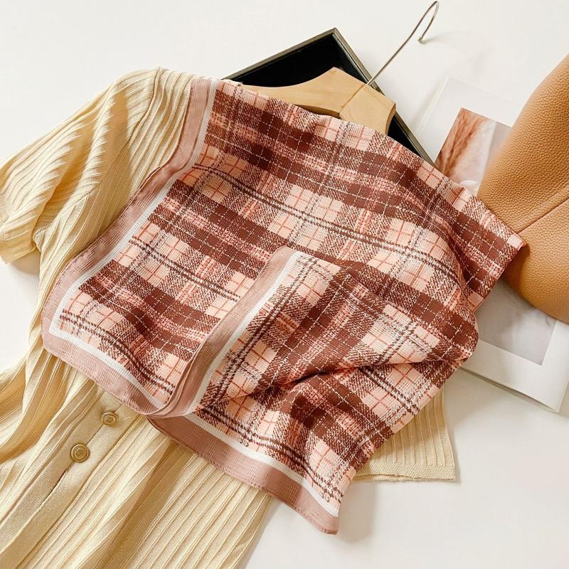 Lightweight Chiffon Silk Square Scarf Classic Plaid Check Print Bandana for Women Beach Vacation Neck Hair Headband Accessory