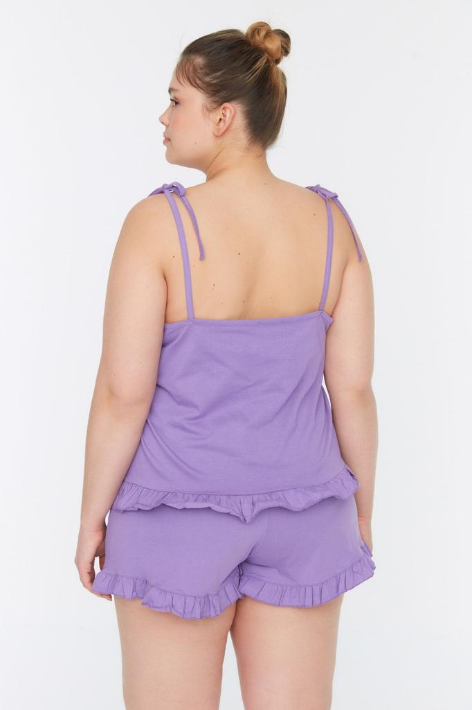 Женский трикотажный пижамный комплект больших размеров цвета фуксии с завязками