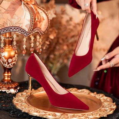 Замшевые красные туфли на высоком каблуке с острым тонким каблуком, вечернее платье, свадебные туфли, женское лето