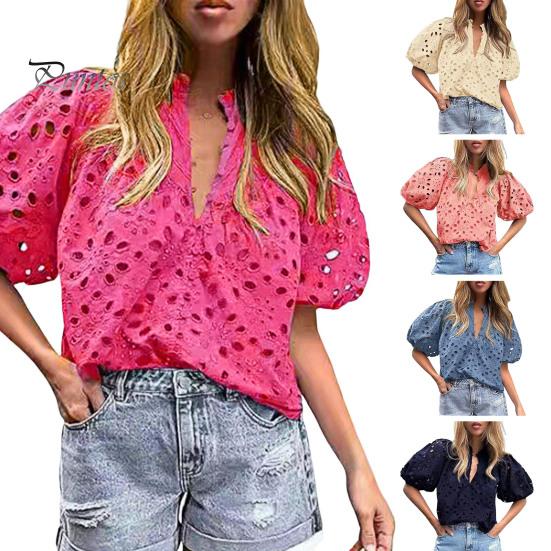 Женская рубашка с воротником-стойкой и V-образным вырезом, коротким рукавом, ажурным вышитым цветочным узором, кружевная блузка, повседневные нарядные топы