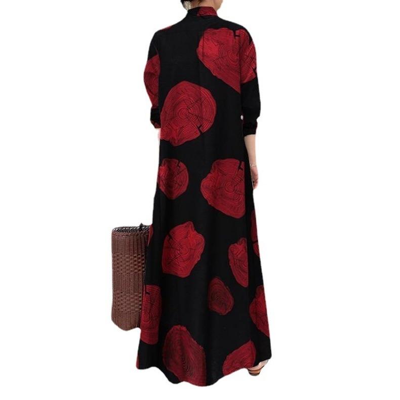 GMXIA Large Size Cotton and Linen Print Lapel Long Sleeve Simple Loose Casual Long Shirt Dress