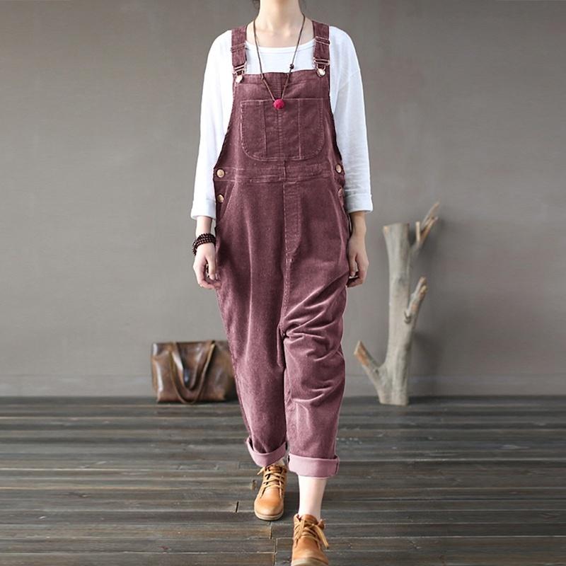 Vintage Women Corduroy Overalls Dungarees Solid Color Bib Pants Sleeveless Loose Jumpsuits Rompers