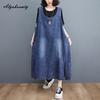 Корейский стиль плюс размер летний женский джинсовый сарафан с круглым вырезом винтажный синий негабаритный повседневный свободный майка платье без рукавов с разрезом и карманом