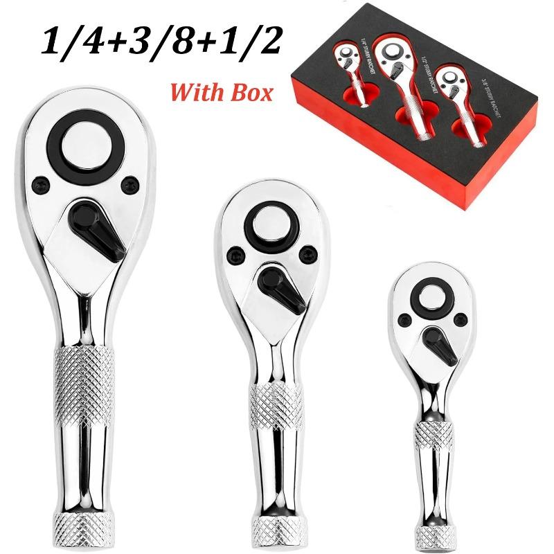 3PCS Quick-Release Reversible Head 72-Tooth 1/4 3/8 1/2 Inch Drive Stubby Ratchet Set Full Polished Mini Small Ratchet Head