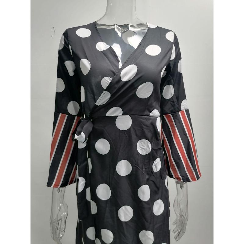 Весенне-осеннее женское платье с длинным рукавом, бретельками, V-образным вырезом, принтованное платье