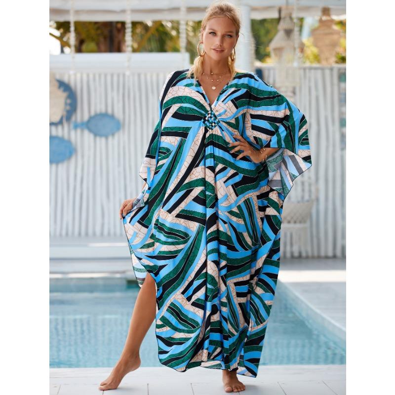 Plus Size Boho Cover Up, Women's Plus Painting Print Bat Sleeve V Neck Split Hem Maxi Cover Up Dress