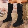 Large Size Women's Shoes Pleated Women's Belt Buckle Boots But Knee Thick Heel Slim Boots Snow Boots Women